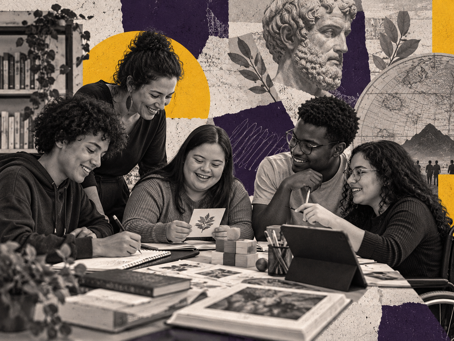 Arte editorial sobre educação, inclusão e diferentes formas de aprender